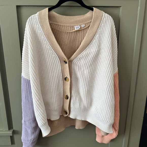 GAP Colorblock V-Neck Button Cardigan — Cream, Lavender & Peach 100% cotton - Picture 2 of 5